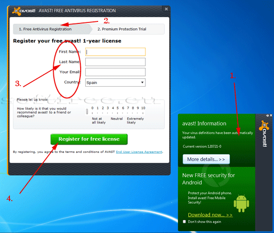 Tutorial avast! Free Antivirus pasul 6, înregistrare, formular